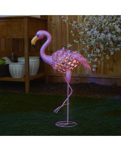 LEANING SOLAR FLAMINGO STATUE