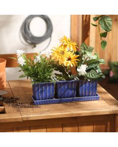 BLUE SQUARE CERAMIC SMALL PLANTER SET OF 3